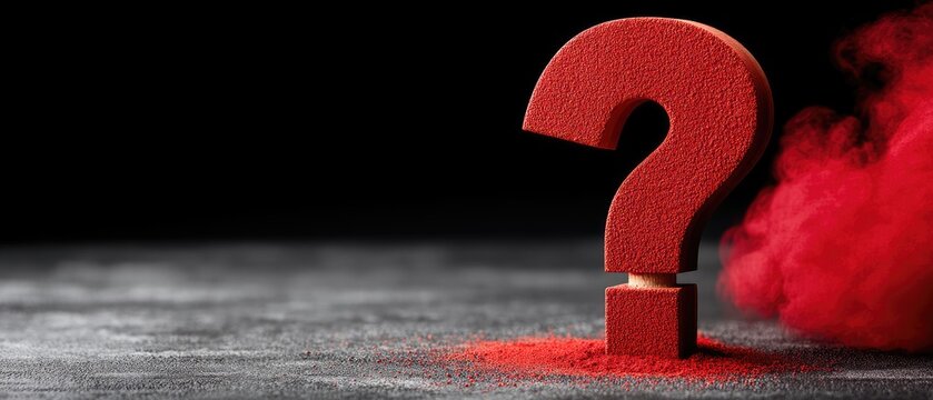 Close up shot shows a large red question mark made of powder on textured surface with red smoke billowing in the background