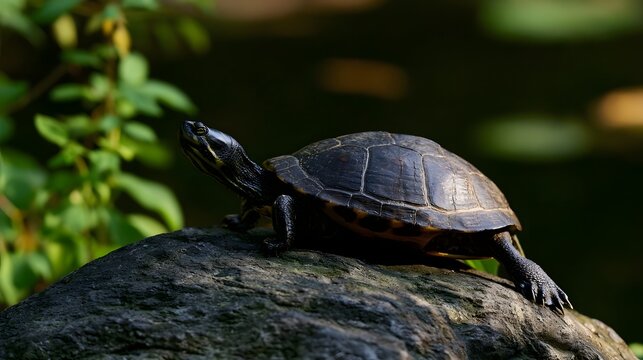 A turtle rests on a mossy rock near water  surrounded by green foliage under soft natural light