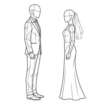 Hand drawn sketch of black tie formal couple profile view.