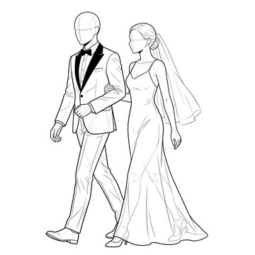 Hand drawn sketch of black tie couple walking profile view.