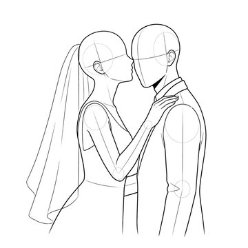 Hand drawn sketch of elegant couple whispering profile view.