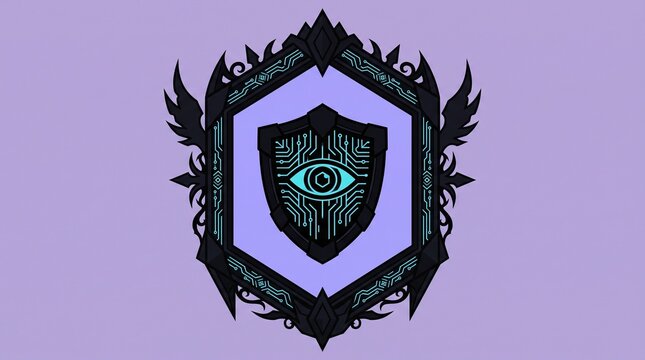 Digital cybersecurity emblem featuring glowing circuitry shield with central eye icon on lavender background with displays stylized digital glowing circuit board