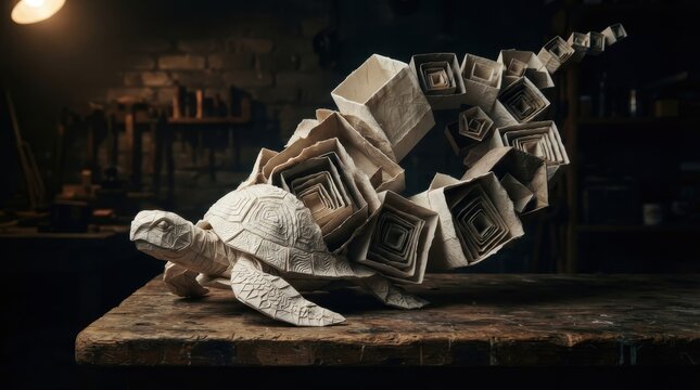 Origami turtle sculpture with abstract paper shell forms on wooden workbench