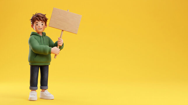 A3d rendered cartoon character of a boy wearing a green hoodie and jeans holds a blank ad social media download thambnail poster web template event festival 2026 2027 2028