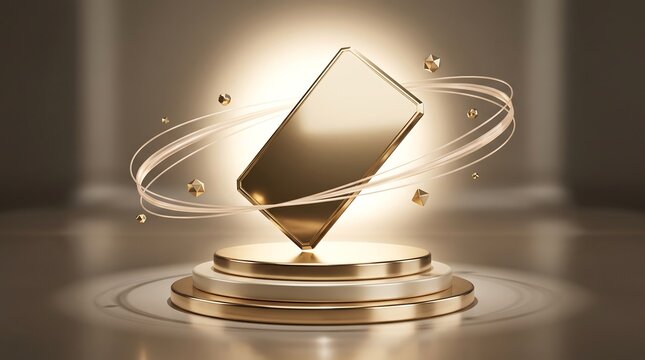 Luxury Golden Diamond Shape Podium with Swirling Light Rings and Floating Geometric Crystals, 3D Premium Product Display Background