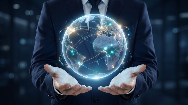 Businessman Holding Digital Global Network Hologram Earth in Hands, Global Business Connection and Technology Concept with Glowing World Map