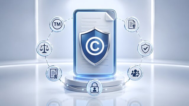 Digital copyright shield on tablet surrounded by legal and intellectual property icons representing patent and trademark protection