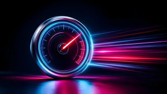Glowing neon speedometer showing high speed with motion light trails representing fast performance and acceleration