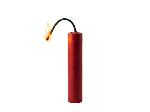 A highly realistic image of a single red dynamite stick with an actively burning fuse completely isolated on a clear transparent background