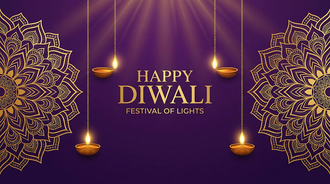 Happy diwali festival of lights greeting card with golden mandalas and hanging oil lamps