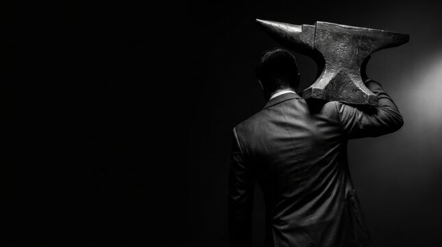 Man in suit carrying heavy anvil on his shoulder in dark studio lighting office syndrome
