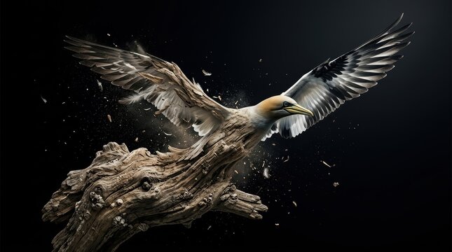 Northern gannet bird morphing into driftwood sculpture