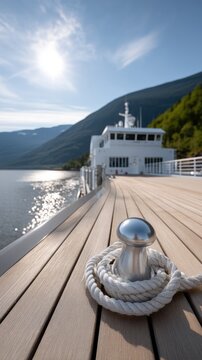 Views from a boat deck with silver cleat and coiled rope against blue water and mountains under bright sunlight