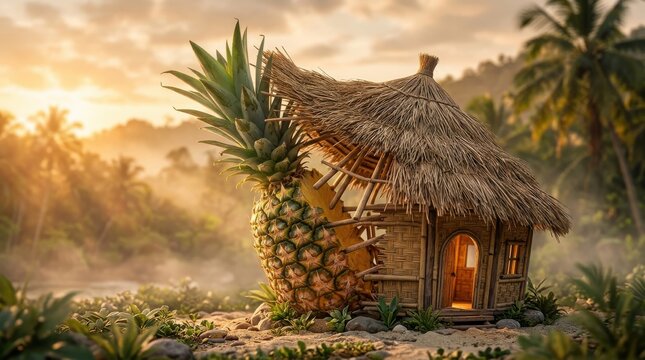 Fantasy pineapple fruit hut in a tropical beach landscape at sunset