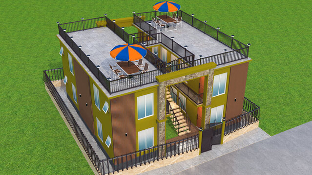 Aerial view of a modern residential house featuring a large rooftop terrace, outdoor dining patios, colorful umbrellas, balconies, metal railings, and contemporary architectural design.