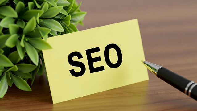 Yellow sticky note with SEO text for search engine optimization digital marketing web traffic and ranking concept on wooden desk with green plant and black pen for business strategy
