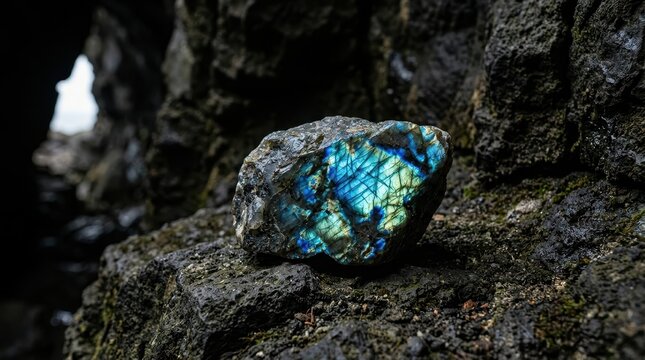 Raw Labradorite Gemstone Specimen with Mesmerizing Blue and Green Labradorescence on Dark Rocky Surface