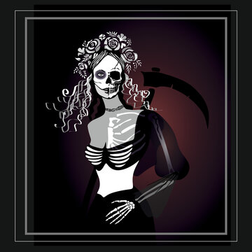Cartoon-style color sketch on a black background: Hel, the Norse goddess of death