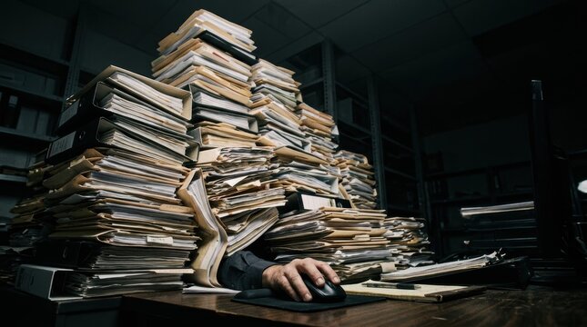 Overwhelmed office worker's hand using computer mouse amidst towering stacks of paperwork and files