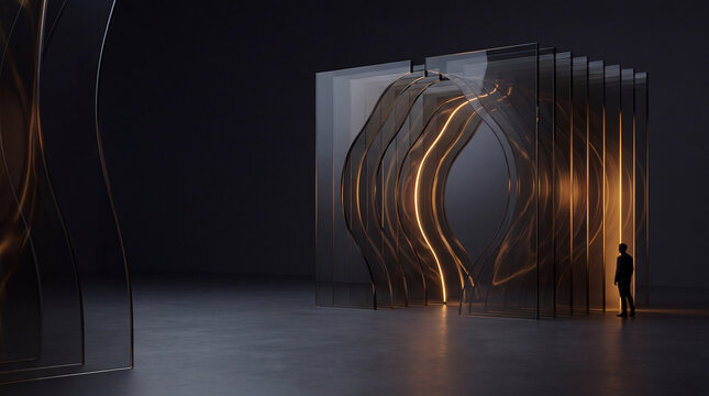 Wavy 3D glass panel rendered in a glowing oval opening