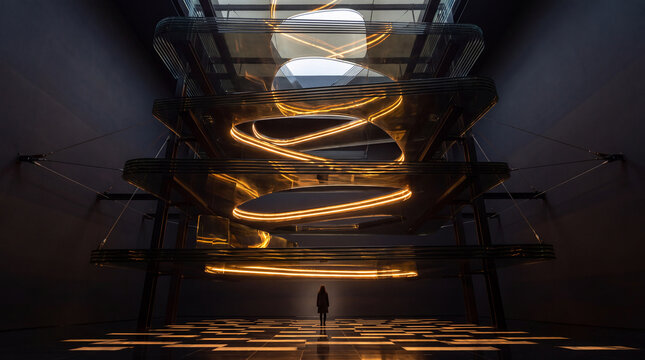 Stacked 3D light bands rendered above a checkered floor