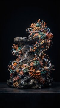 Decorative volcanic rock sculpture with colorful coral and glowing light trails