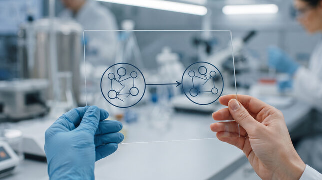 Scientist wearing blue nitrile gloves holding a transparent panel with a circular network ad social media download thambnail poster web template event festival 2026 2027 2028