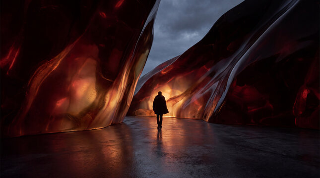Molten 3D glass canyon glowing in deep amber tones