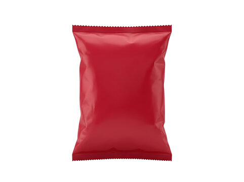 Highly realistic mockup of a vibrant red foil snack bag packaging design presentation clearly isolated on a clean transparent background for design