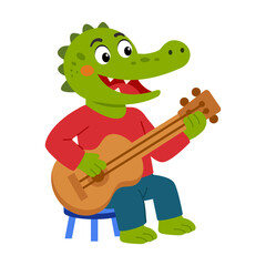 Naklejka premium Seated crocodile musician playing an acoustic guitar with enthusiasm.