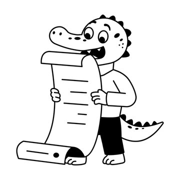Crocodile holding and reading a long paper scroll with focused attention.