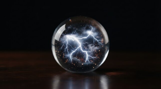 Glass crystal ball containing lightning storm on wooden table