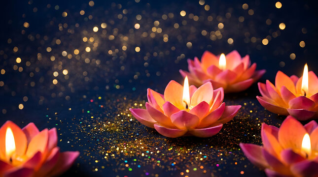 Beautiful lotusshaped candles glowing on a dark glittery background