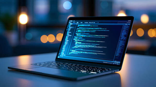 Low code no code development and programming concept on laptop, create software without coding, rapid application building illustration, defocused background, with copy space
