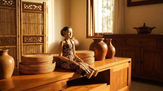 An Ambalabu doll placed on a wooden bench surrounded by handcrafted pottery, woven baskets, and carved wood elements in a warm heritage-inspired interior.