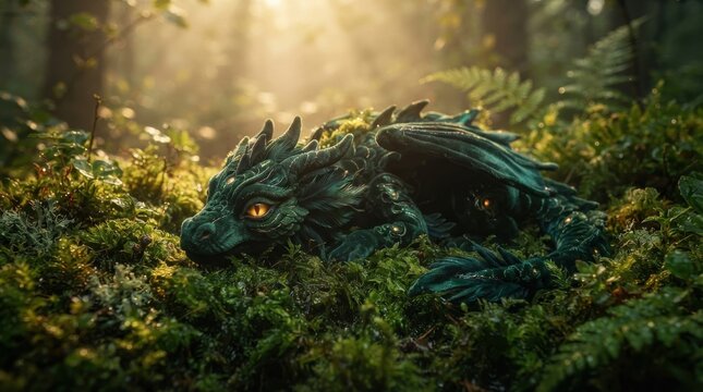 Small green dragon resting on mossy forest ground