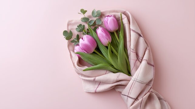 pink tulip flower bouquet wrapped in pastel plaid paper and soft fabric layers, elegant and minimal, placed on pastel pink background, fresh and beautiful