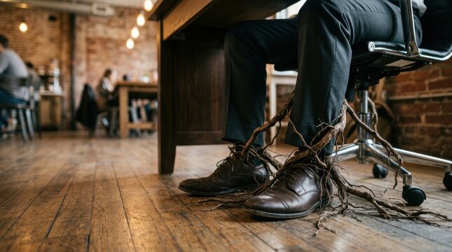 A person wearing dress shoes and pants has tree roots growing around their ankles and shoes