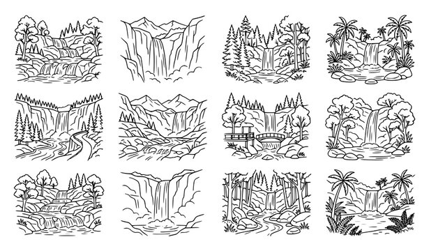 Hand Drawn Waterfall and Mountain Landscape Vector Icon Set with Forests Bridges Rivers and Nature Scenes for Coloring Books and Outdoor Graphic Designs