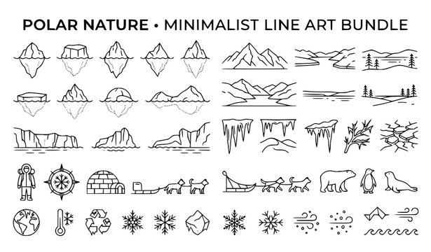 Minimalist Arctic Landscape Line Art Elements Set Featuring Icebergs Mountains Igloo Icicles and Polar Bear Vector Graphics for Creative Winter Projects