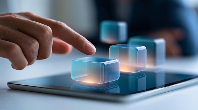 Close-up of hand assembling drag and drop UI components on tablet screen, rapid application development concept, defocused background, with copy space