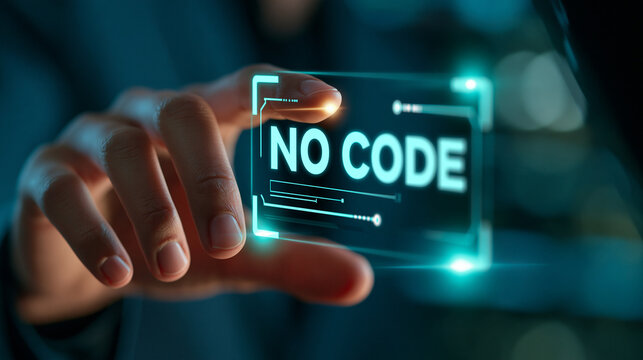Close-up of hand using virtual touch screen pressing no code inscription, no code platform for mobile applications programming concept, defocused background, with copy space