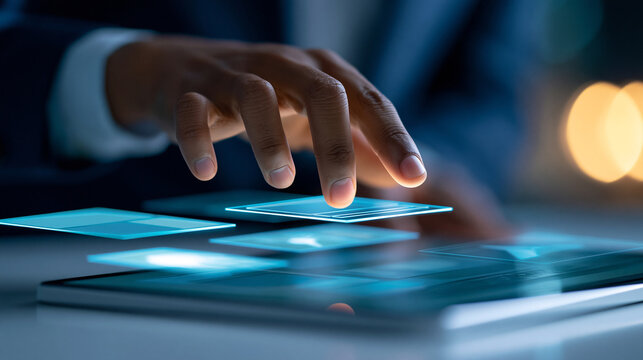 Close-up of hand assembling drag and drop UI components on tablet screen, rapid application development concept, defocused background, with copy space