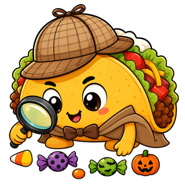 Cute cartoon taco character dressed as a detective holding a magnifying glass with various halloween candy treats