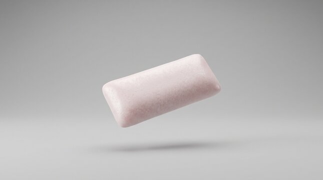 A single pink piece of chewing gum suspended in the air against a neutral gray background with soft shadow beneath