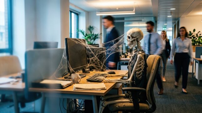 A skeleton sits at a dusty cobweb covered desk in a modern office with people walking past