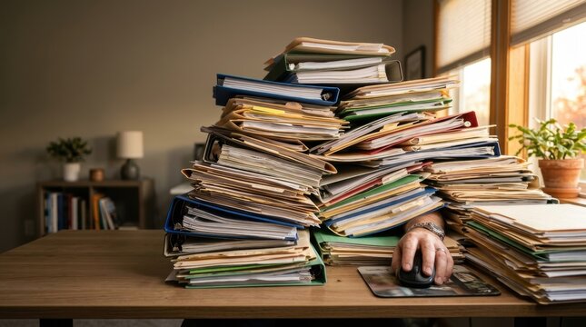 Man's hand using computer mouse amidst overwhelming stack of paperwork and files