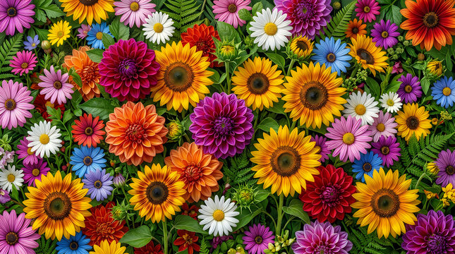 Colorful mix of blooming flowers including sunflowers and daisies in a vibrant summer garden