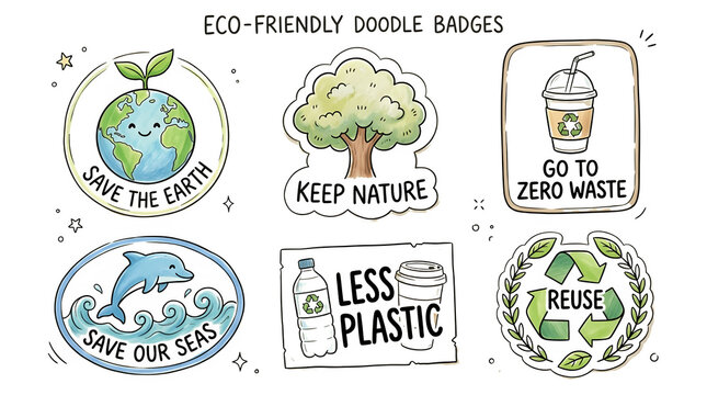 Eco Friendly Doodle Badges Vector Set Featuring Cute Earth Globe with Plant Sprouts and Save The Earth Slogan, Green Tree with Keep Nature Quote, Go To Zero Waste Reusable Coffee Cup Badge, Cute Dolph