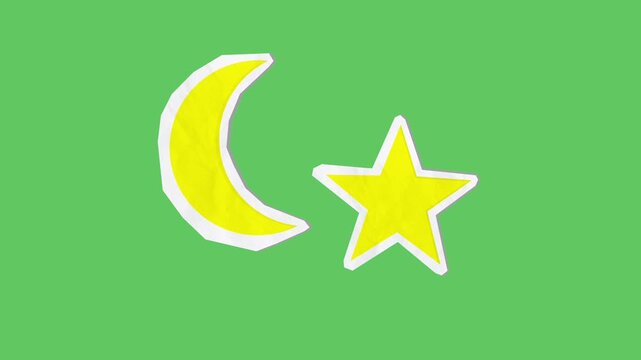 Animated scrapbook style of yellow moon and stars floating wiggle on green screen
